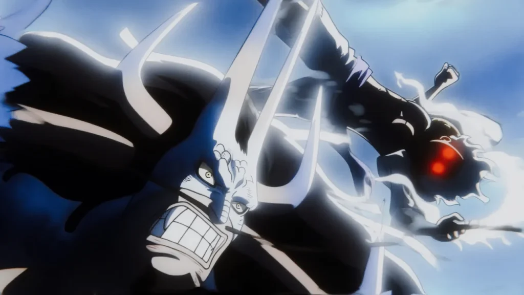 Luffy using Gear 5 against Kaido in an intense battle in One Piece.