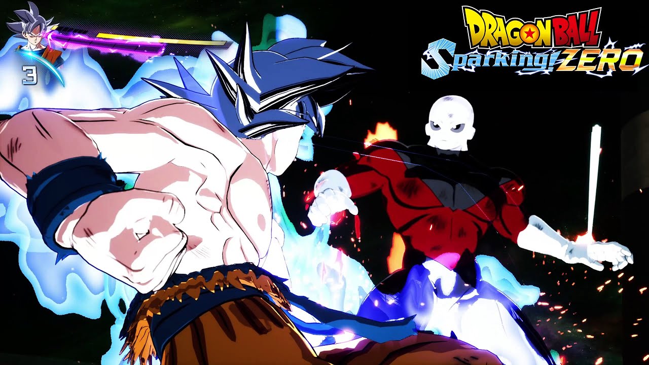 Goku (Ultra Instinct) facing Jiren in an intense battle scene from "Dragon Ball Sparking Zero," highlighting next-gen game graphics