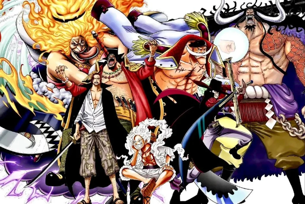 Luffy standing victorious over Kaido and Big Mom, marking the Yonko power shift in One Piece.