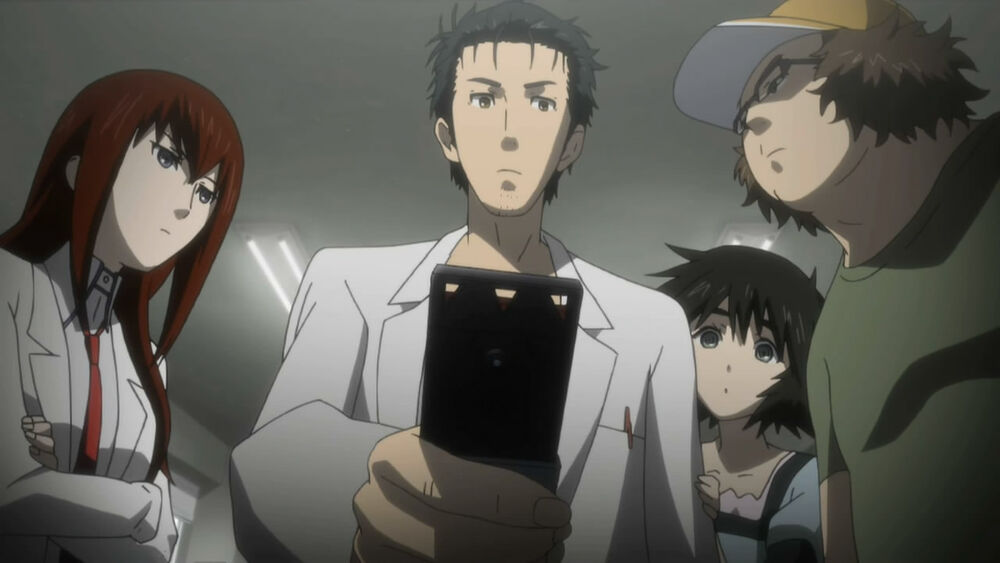 Steins;Gate anime time machine lab scene with Okabe Rintarou and friends."