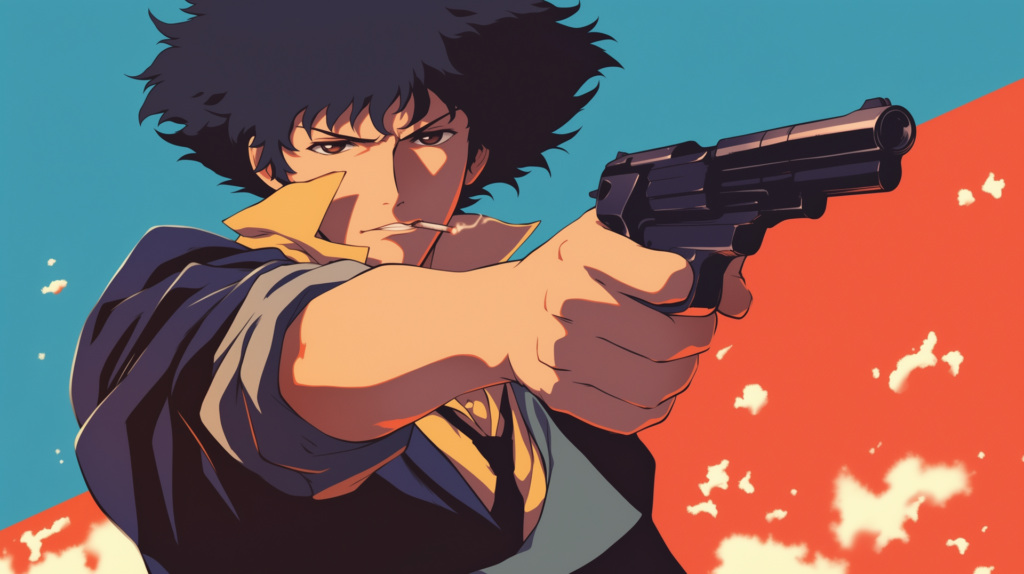 Spike Spiegel saying "Bang" in his final scene from Cowboy Bebop.